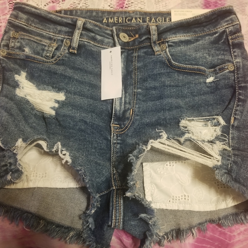 American Eagle Outfitters Women's Ripped Jean Shorts - Dark Blue